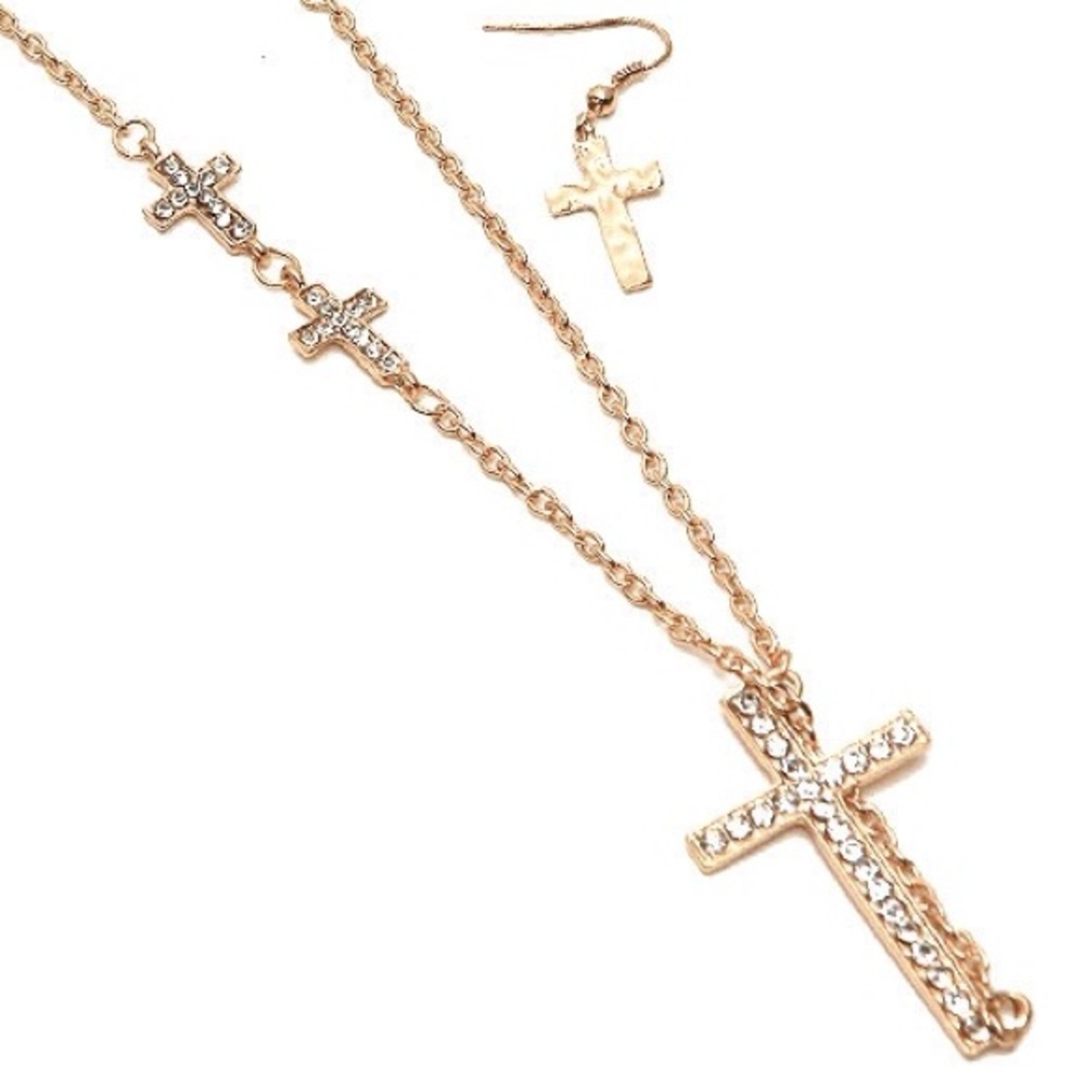 Gold Multi Cross Crystal Pave Necklace & Earrings